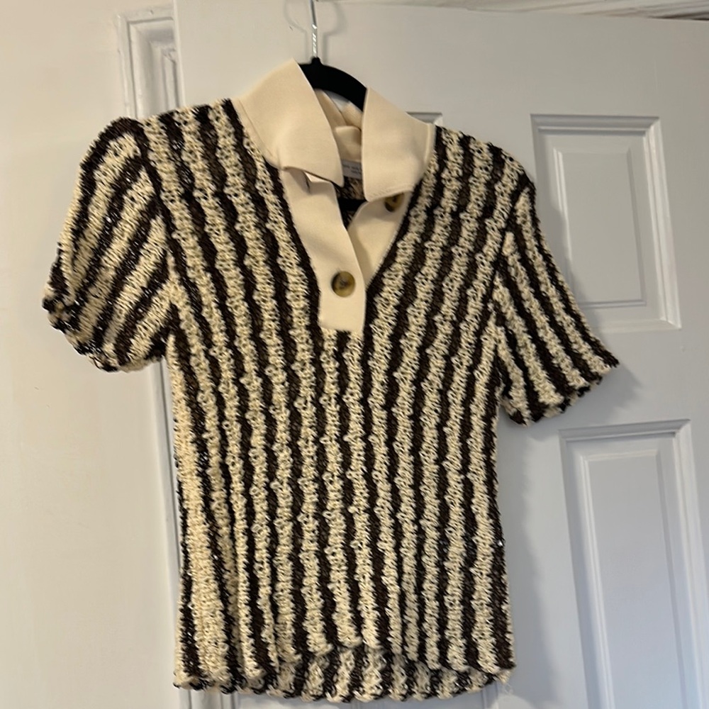 Striped Short Sleeve Knit Top with Button Detail